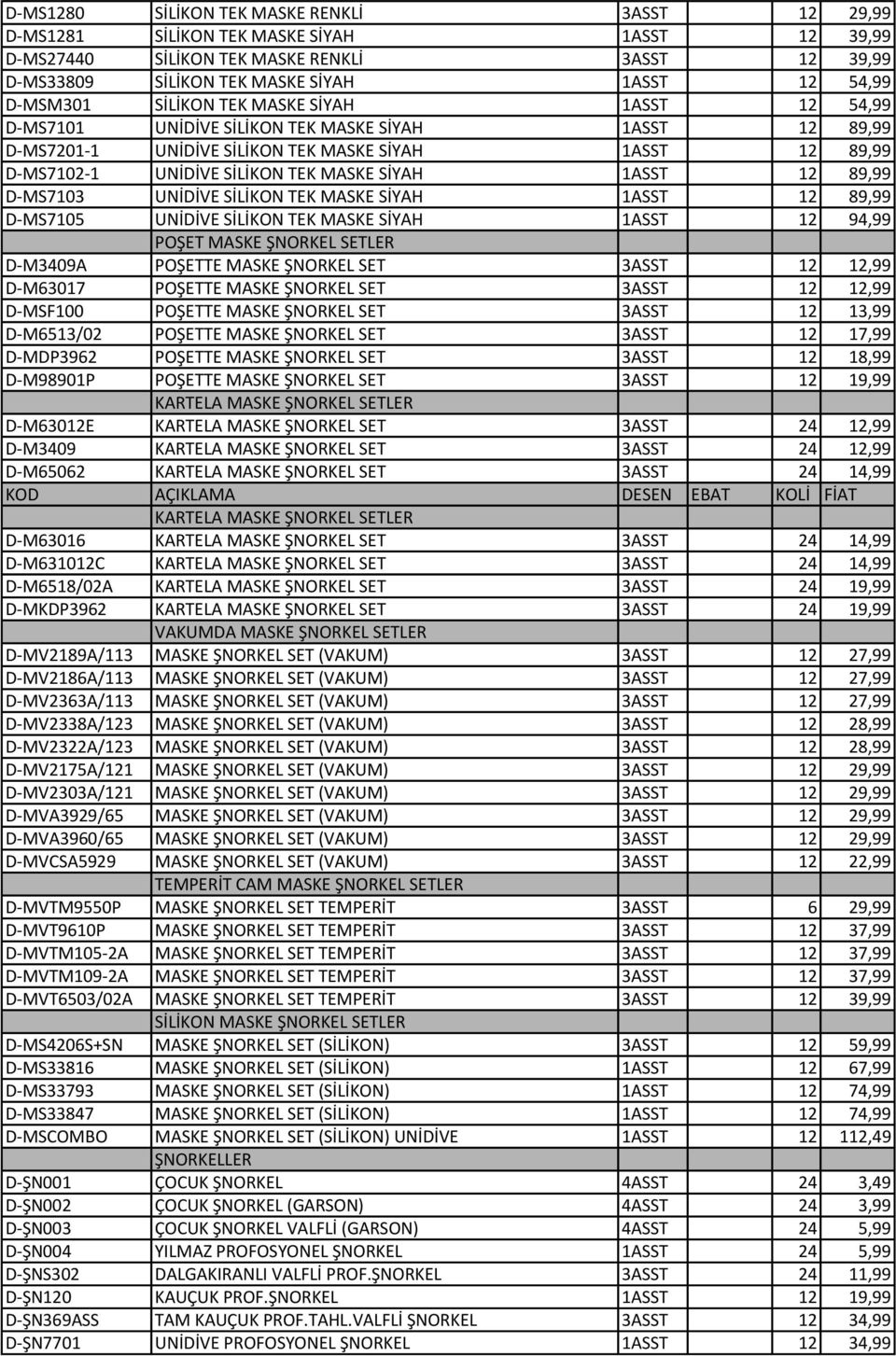 SİYAH 1ASST 12 89,99 D-MS7103 UNİDİVE SİLİKON TEK MASKE SİYAH 1ASST 12 89,99 D-MS7105 UNİDİVE SİLİKON TEK MASKE SİYAH 1ASST 12 94,99 POŞET MASKE ŞNORKEL SETLER D-M3409A POŞETTE MASKE ŞNORKEL SET