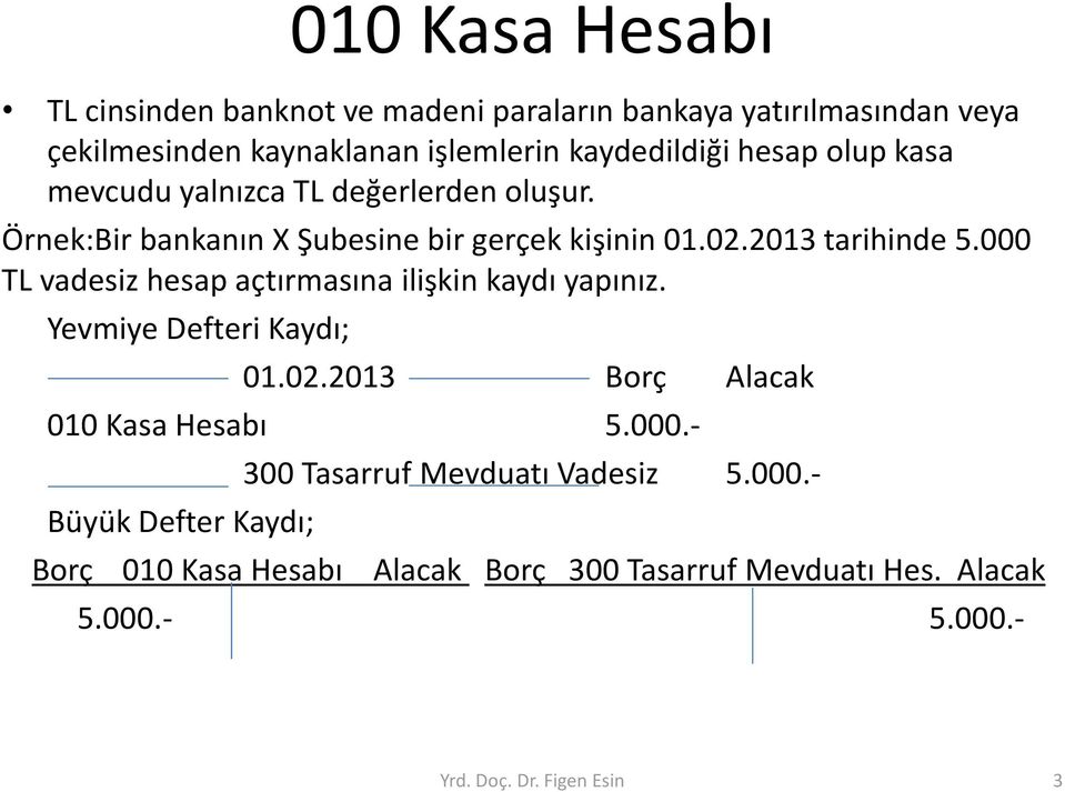 000 TL vadesiz hesap açtırmasına ilişkin kaydı yapınız. Yevmiye Defteri Kaydı; 01.02.2013 Borç Alacak 010 Kasa Hesabı 5.000.- Büyük Defter Kaydı; Borç 010 Kasa Hesabı 300 Tasarruf Mevduatı Vadesiz 5.