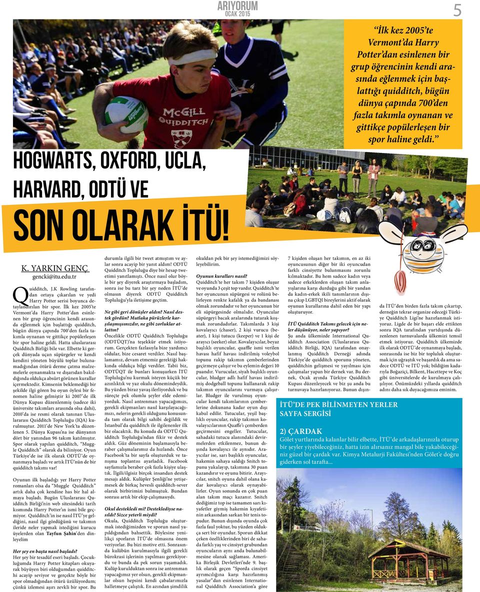 popülerleşen bir spor haline geldi. K. YARKIN GENÇ gencki@itu.edu.tr Quidditch, J.K Rowling tarafından ortaya çıkarılan ve yedi Harry Potter serisi boyunca detaylandırılan bir spor.