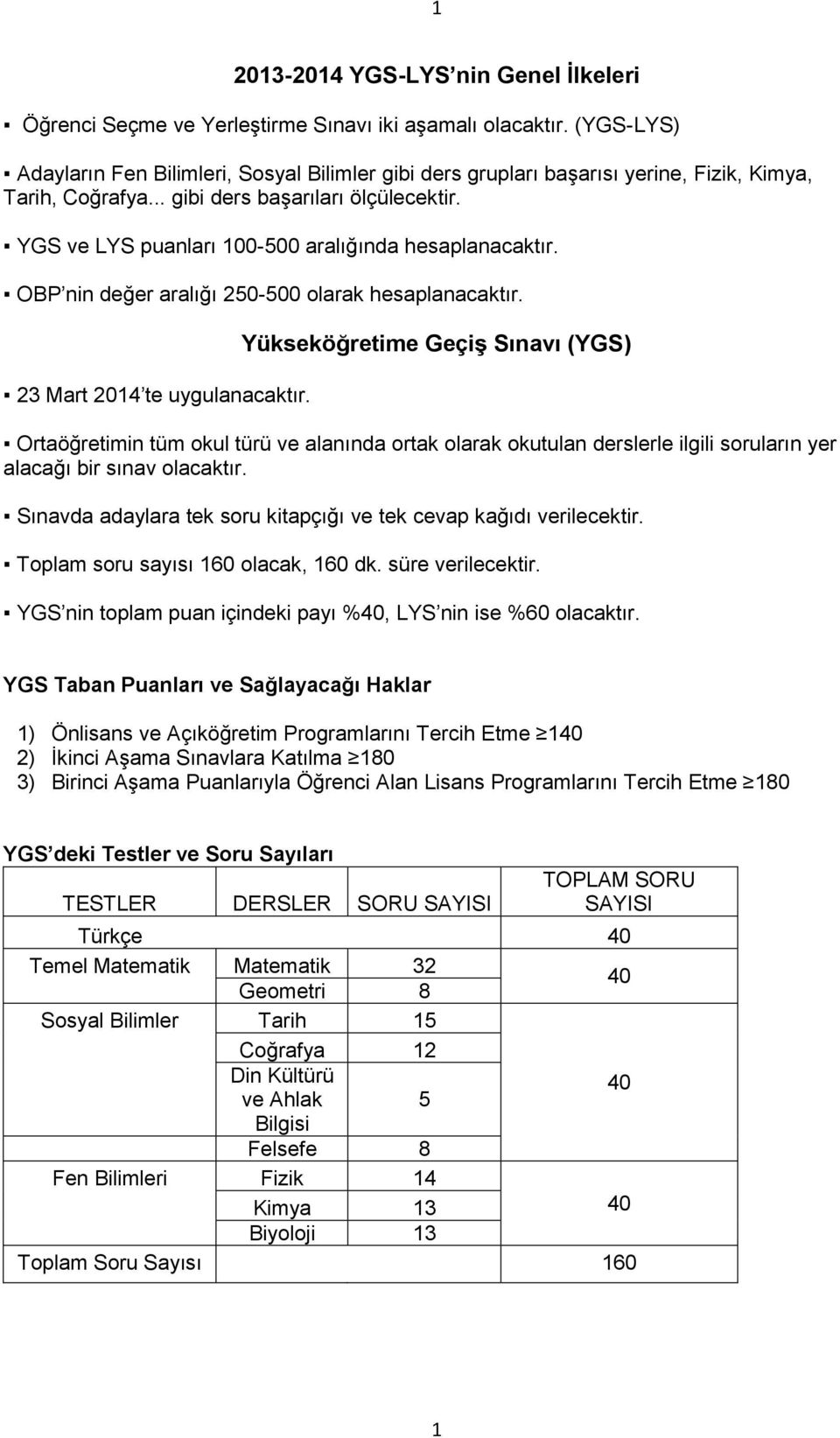 ve LYS puanları 100-500 aralığında hesaplanacaktır. OBP nin değer aralığı 250-500 olarak hesaplanacaktır. 23 Mart 2014 te uygulanacaktır.