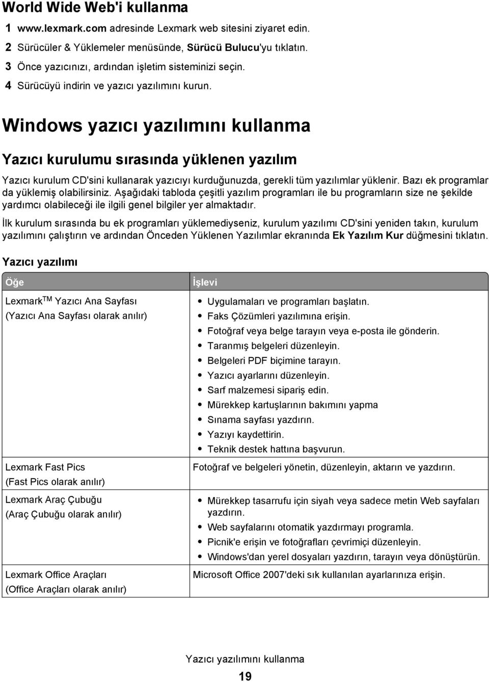 Windows yazıcı yazılımını kullanma Yazıcı kurulumu sırasında yüklenen yazılım Yazıcı kurulum CD'sini kullanarak yazıcıyı kurduğunuzda, gerekli tüm yazılımlar yüklenir.