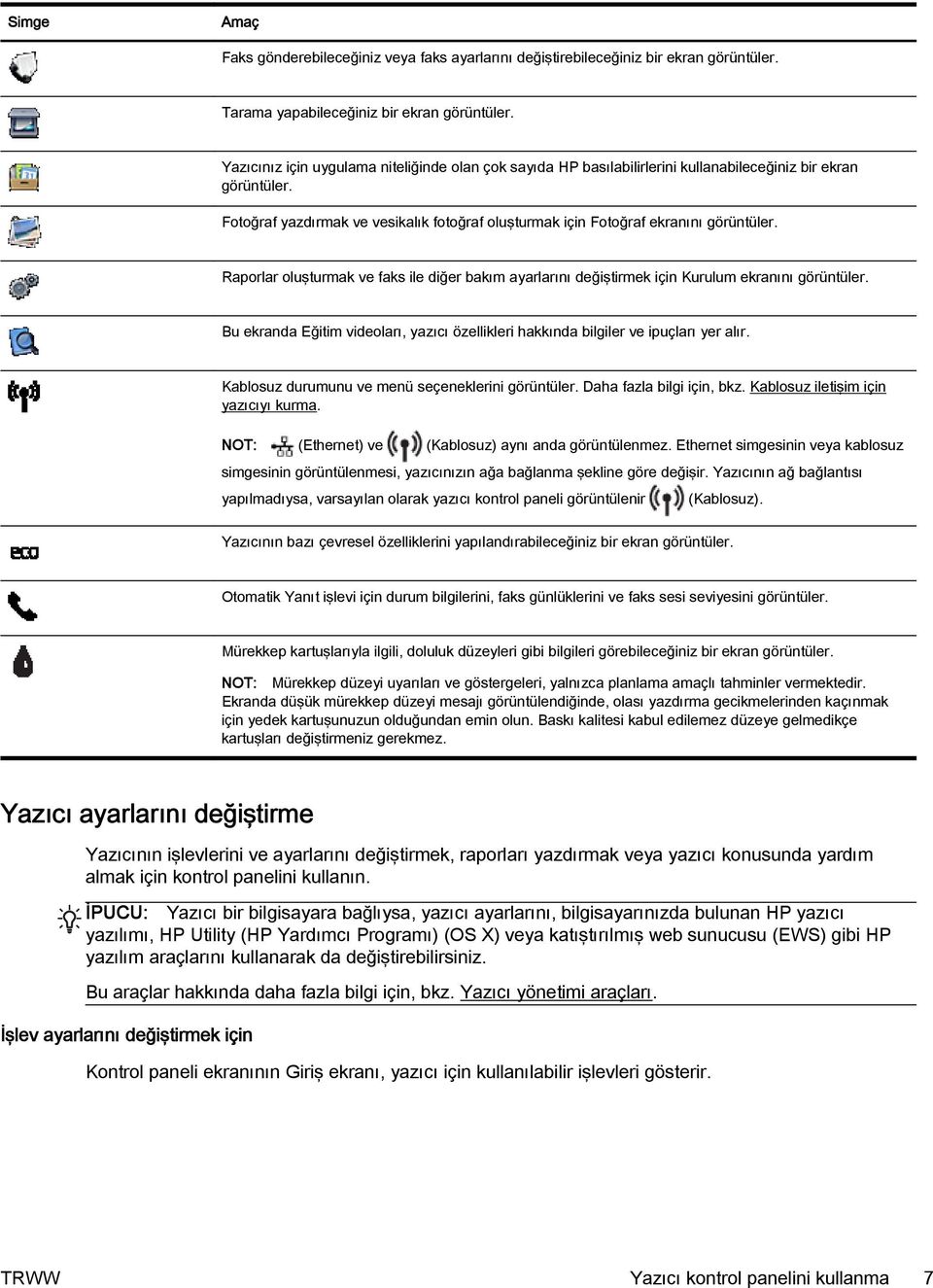 Raporlar oluşturmak ve faks ile diğer bakım ayarlarını değiştirmek için Kurulum ekranını görüntüler. Bu ekranda Eğitim videoları, yazıcı özellikleri hakkında bilgiler ve ipuçları yer alır.