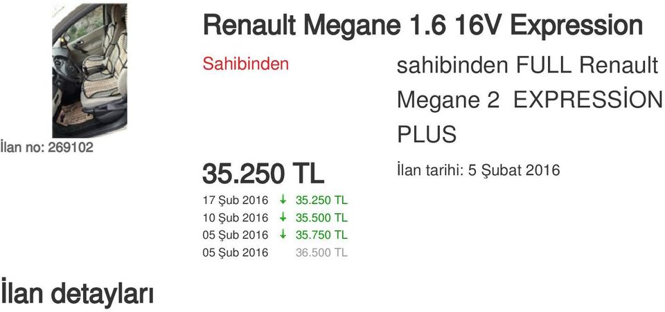 250 TL 17 Şub 2016 35.250 TL 10 Şub 2016 35.