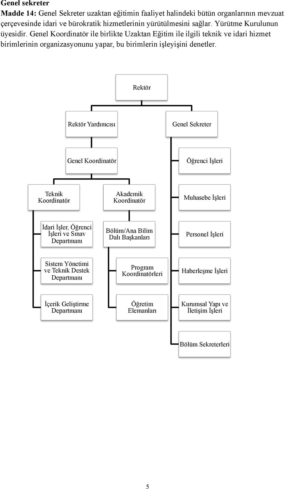 Rektör Rektör Yardımcısı Genel Sekreter Genel Koordinatör Öğrenci İşleri Teknik Koordinatör Akademik Koordinatör Muhasebe İşleri İdari İşler, Öğrenci İşleri ve Sınav Departmanı Bölüm/Ana