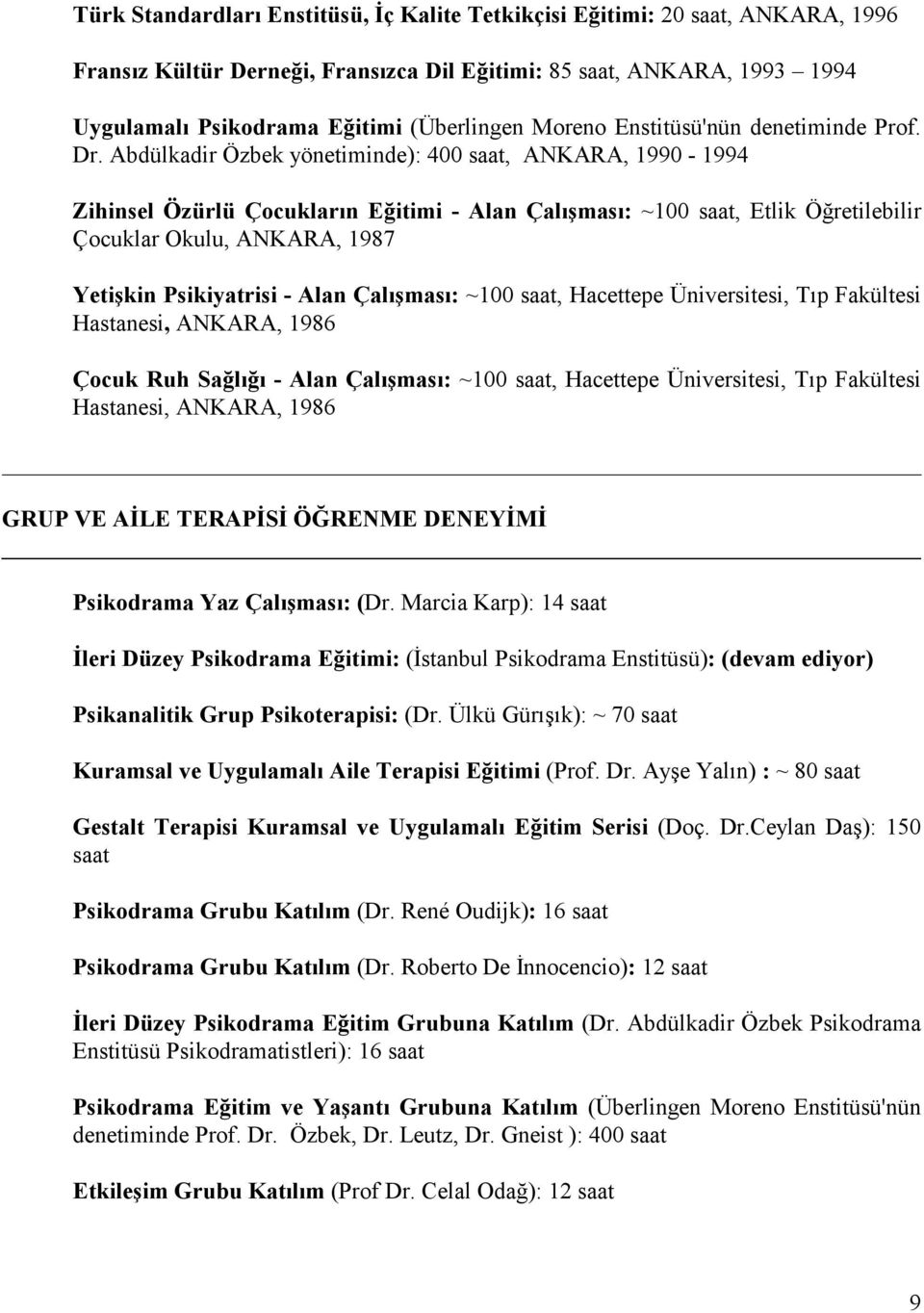 Abdülkadir Özbek yönetiminde): 400 saat, ANKARA, 1990-1994 Zihinsel Özürlü Çocukların Eğitimi - Alan Çalışması: ~100 saat, Etlik Öğretilebilir Çocuklar Okulu, ANKARA, 1987 Yetişkin Psikiyatrisi -