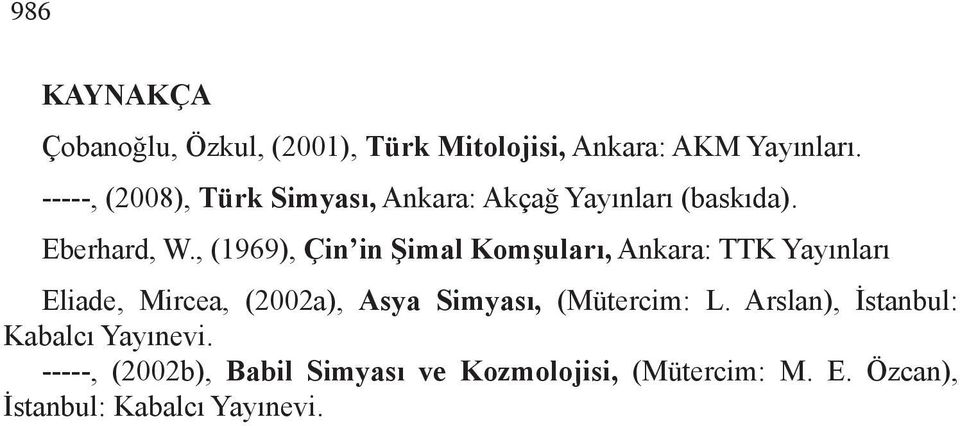 , (1969), Çin in Şimal Komşuları, Ankara: TTK Yayınları Eliade, Mircea, (2002a), Asya Simyası,