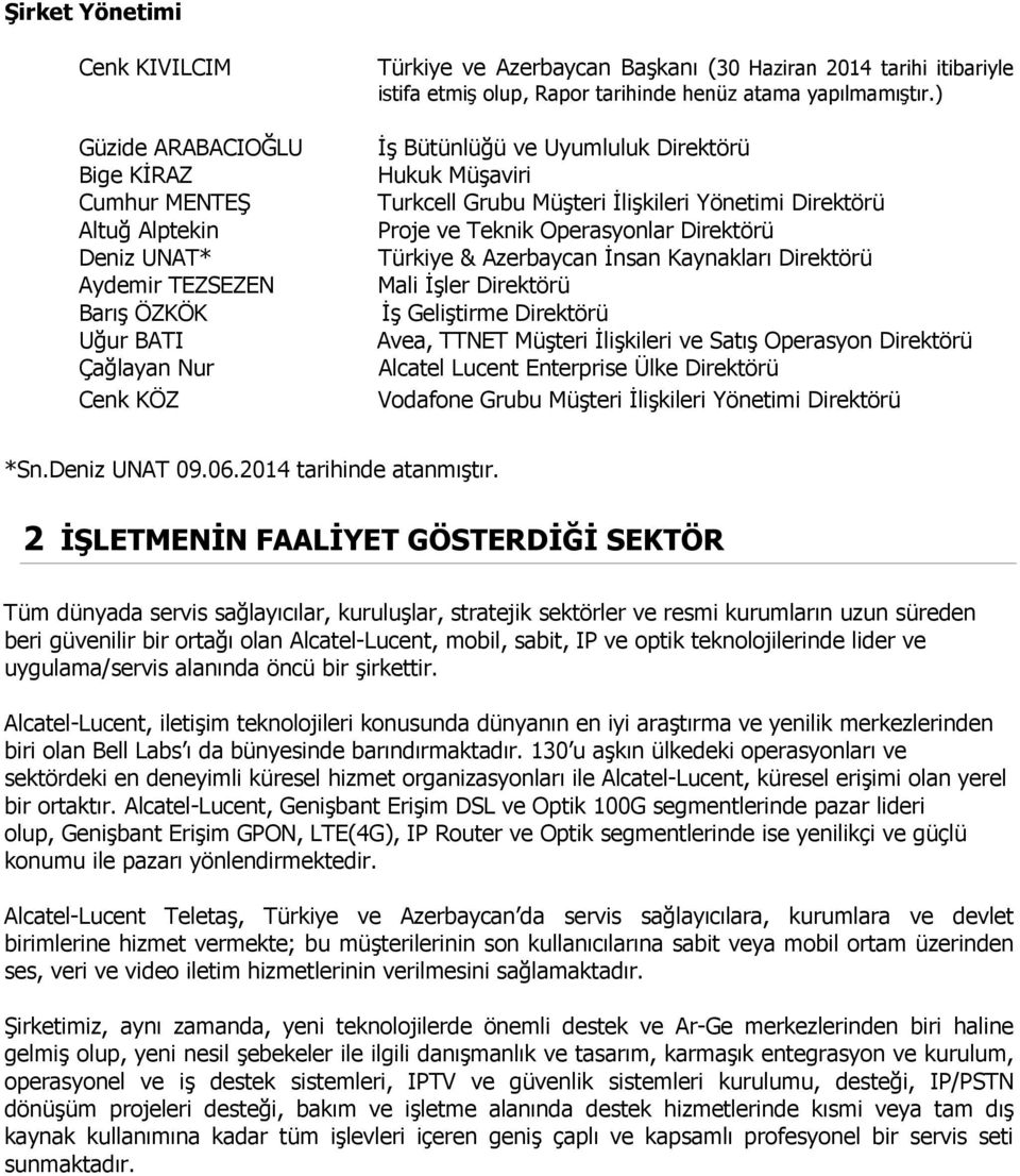 ) İş Bütünlüğü ve Uyumluluk Direktörü Hukuk Müşaviri Turkcell Grubu Müşteri İlişkileri Yönetimi Direktörü Proje ve Teknik Operasyonlar Direktörü Türkiye & Azerbaycan İnsan Kaynakları Direktörü Mali