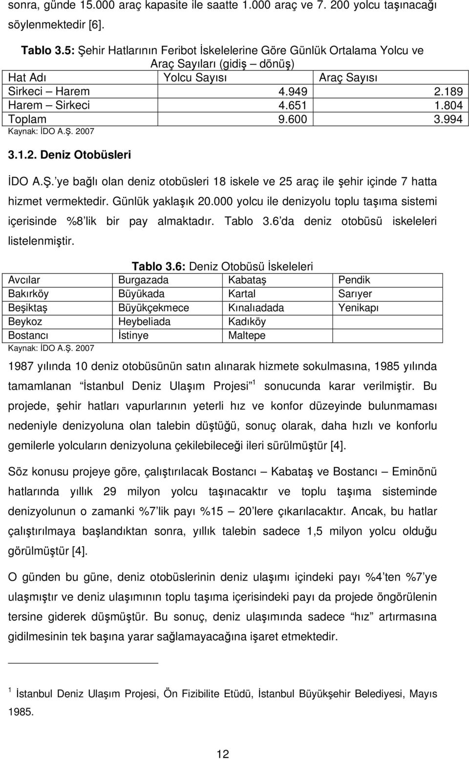 994 Kaynak: İDO A.. 2007 3.1.2. Deniz Otobüsleri İDO A.. ye bağlı olan deniz otobüsleri 18 iskele ve 25 araç ile şehir içinde 7 hatta hizmet vermektedir. Günlük yaklaşık 20.