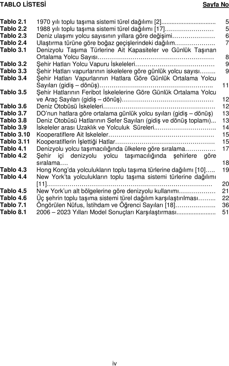 1 Denizyolu Taşıma Türlerine Ait Kapasiteler ve Günlük Taşınan Ortalama Yolcu Sayısı 8 Tablo 3.2 ehir Hatları Yolcu Vapuru İskeleleri 9 Tablo 3.