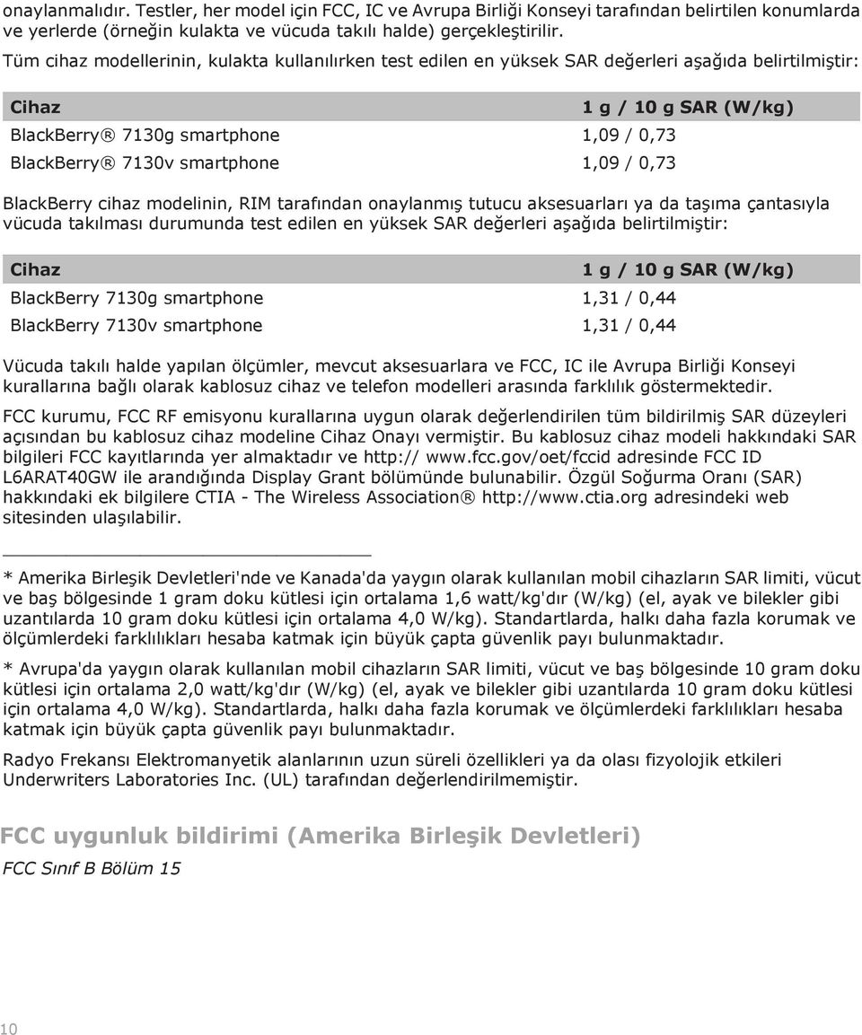 10 g SAR (W/kg) BlackBerry cihaz modelinin, RIM tarafından onaylanmış tutucu aksesuarları ya da taşıma çantasıyla vücuda takılması durumunda test edilen en yüksek SAR değerleri aşağıda