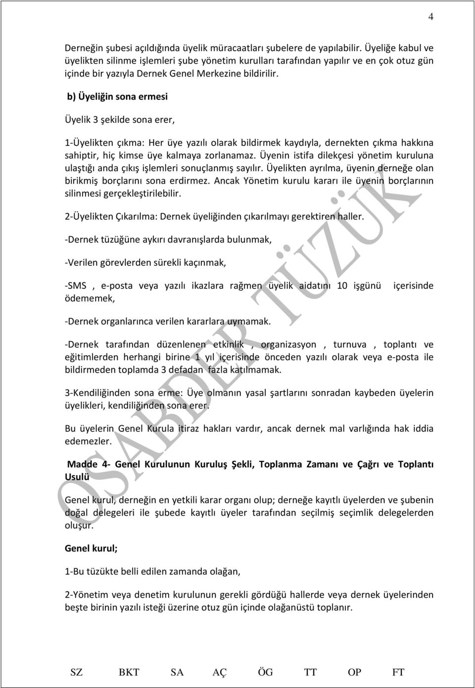 b) Üyeliğin sona ermesi Üyelik 3 şekilde sona erer, 1-Üyelikten çıkma: Her üye yazılı olarak bildirmek kaydıyla, dernekten çıkma hakkına sahiptir, hiç kimse üye kalmaya zorlanamaz.