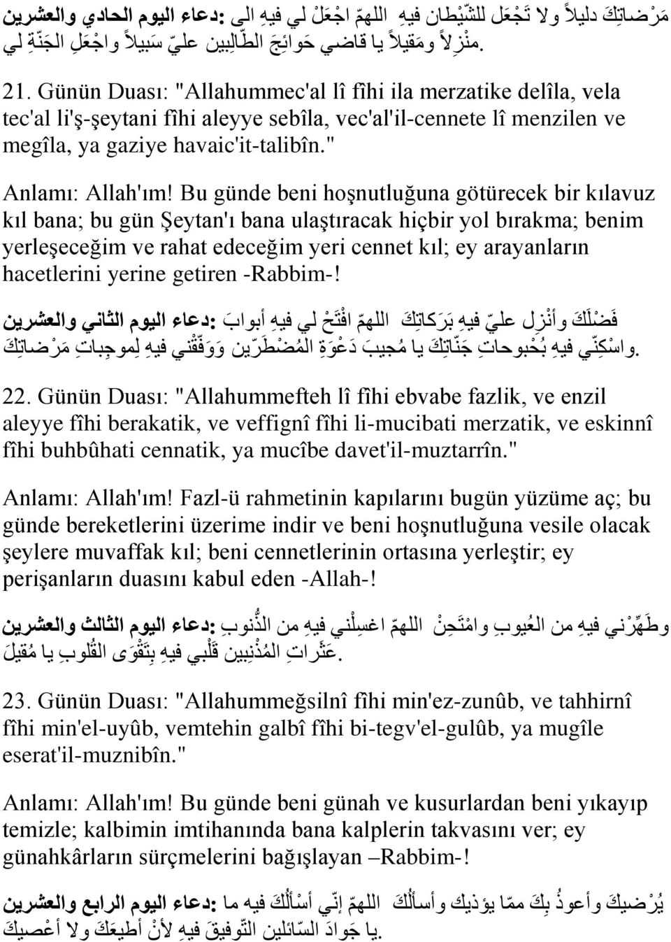 Bu günde beni hoşnutluğuna götürecek bir kılavuz kıl bana; bu gün Şeytan'ı bana ulaştıracak hiçbir yol bırakma; benim yerleşeceğim ve rahat edeceğim yeri cennet kıl; ey arayanların hacetlerini yerine