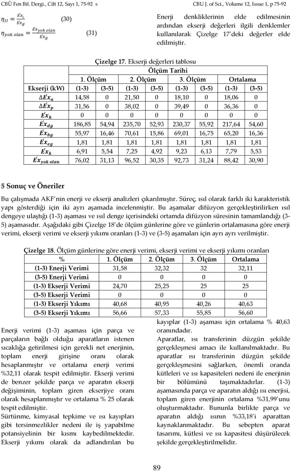 Ekserji değerleri tablosu Tarihi Ekserji (kw) (1-3) (3-5) (1-3) (3-5) (1-3) (3-5) (1-3) (3-5) Ex a 14,58 0 21,50 0 18,10 0 18,06 0 Ex p 31,56 0 38,02 0 39,49 0 36,36 0 Ex h 0 0 0 0 0 0 0 0 Ex dg