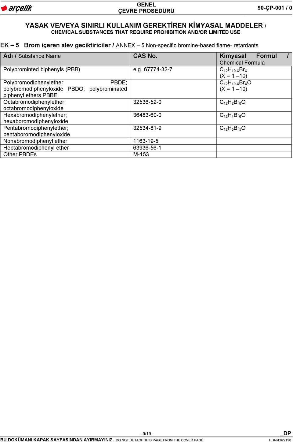 67774-32-7 C 12 H 10-X Br X (X = 1 10) Polybromodiphenylether PBDE; C 12 H 10-X Br X O polybromodiphenyloxide PBDO; polybrominated (X = 1 10) biphenyl ethers PBBE