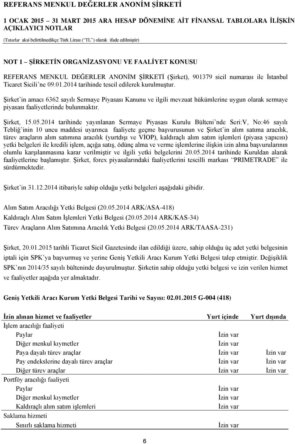 2014 tarihinde yayınlanan Sermaye Piyasası Kurulu Bülteni nde Seri:V, No:46 sayılı Tebliğ inin 10 uncu maddesi uyarınca faaliyete geçme başvurusunun ve Şirket in alım satıma aracılık, türev araçların