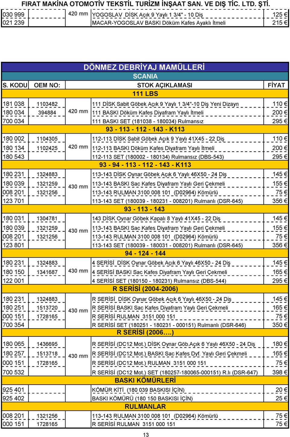 BASKI SET (181038-180034) Rulmansız 295 93-113 - 112-143 - K113 180 002 1104305 112-113 DİSK Sabit Göbek Açık 9 Yaylı 41X45-22 Diş 110 180 134 1102425 420 mm 112-113 BASKI Döküm Kafes Diyafram Yaylı