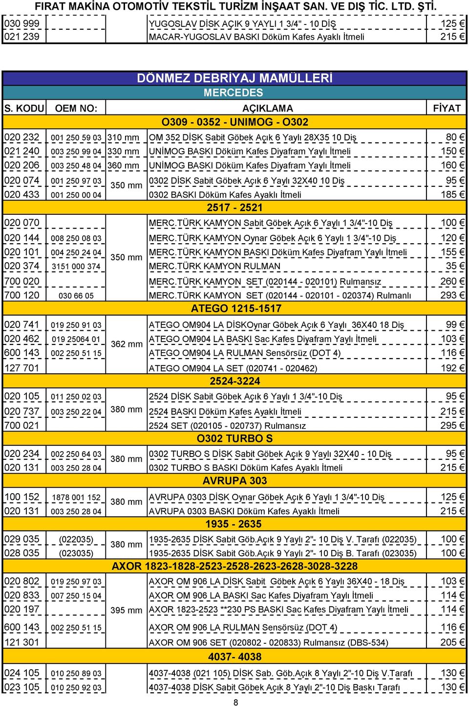 İtmeli 150 020 206 003 250 48 04 360 mm UNİMOG BASKI Döküm Kafes Diyafram Yaylı İtmeli 160 020 074 001 250 97 03 0302 DİSK Sabit Göbek Açık 6 Yaylı 32X40 10 Diş 95 020 433 001 250 00 04 0302 BASKI