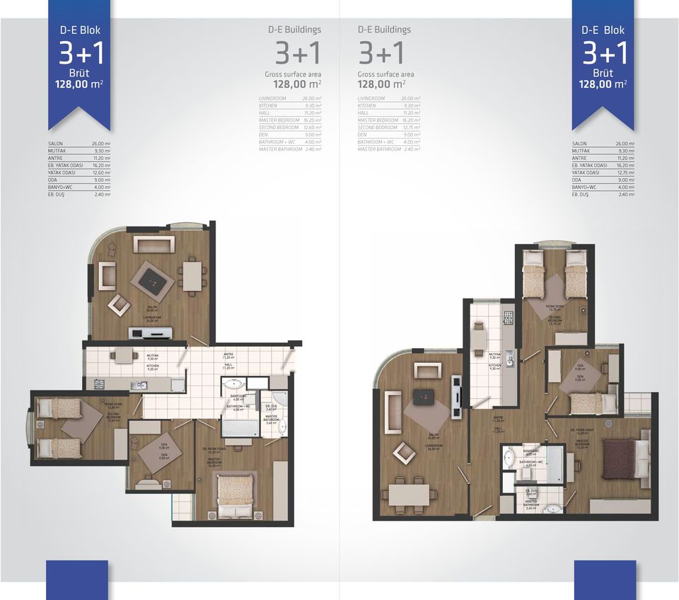 00 m² BATHROOM + WC 4.00 m² MASTER BATHROOM 2.40 m² SALON 26,00 m² MUTFAK 9,30 m² ANTRE 11,20 m² ANTRE 11,20 m² EB. YATAK ODASI 16,20 m² EB.