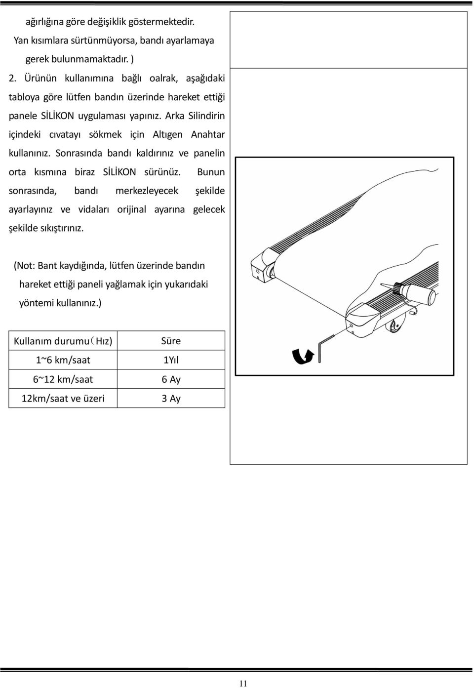 Arka Silindirin içindeki cıvatayı sökmek için Altıgen Anahtar kullanınız. Sonrasında bandı kaldırınız ve panelin orta kısmına biraz SİLİKON sürünüz.