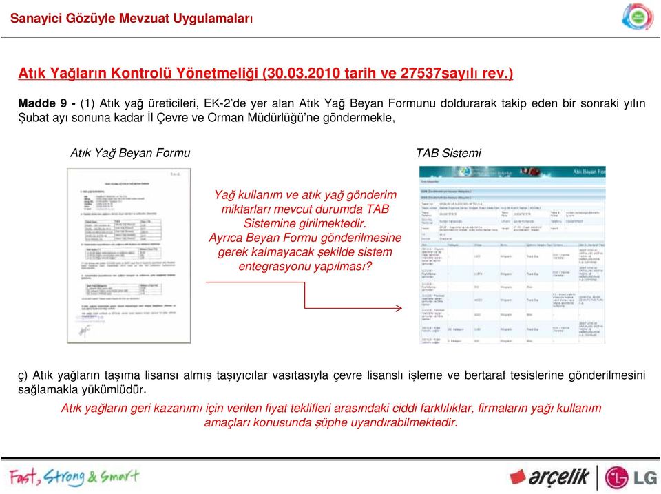 Beyan Formu TAB Sistemi Yağ kullanım ve atık yağ gönderim miktarları mevcut durumda TAB Sistemine girilmektedir.