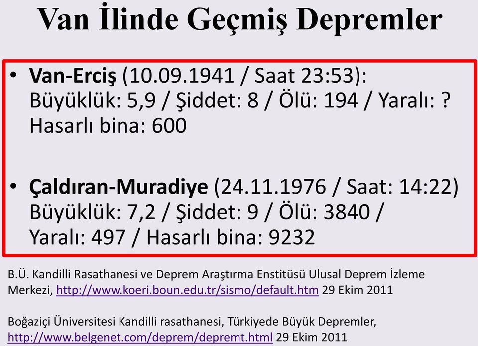 1976 / Saat: 14:22) Büyüklük: 7,2 / Şiddet: 9 / Ölü: 3840 / Yaralı: 497 / Hasarlı bina: 9232 B.Ü.