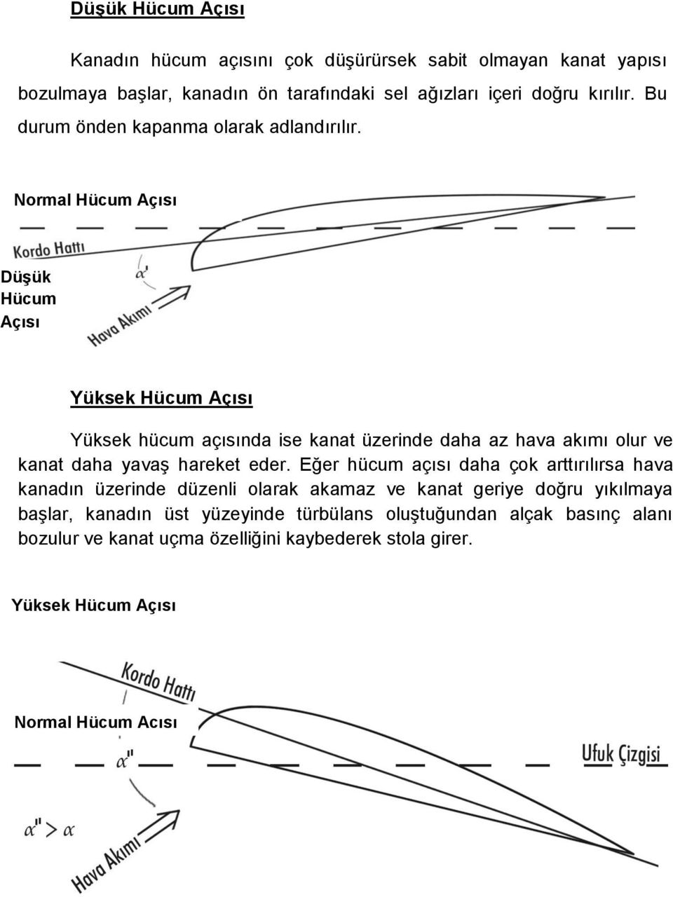 Normal Hücum Açısı DüĢük Hücum Açısı Yüksek Hücum Açısı Yüksek hücum açısında ise kanat üzerinde daha az hava akımı olur ve kanat daha yavaş hareket eder.