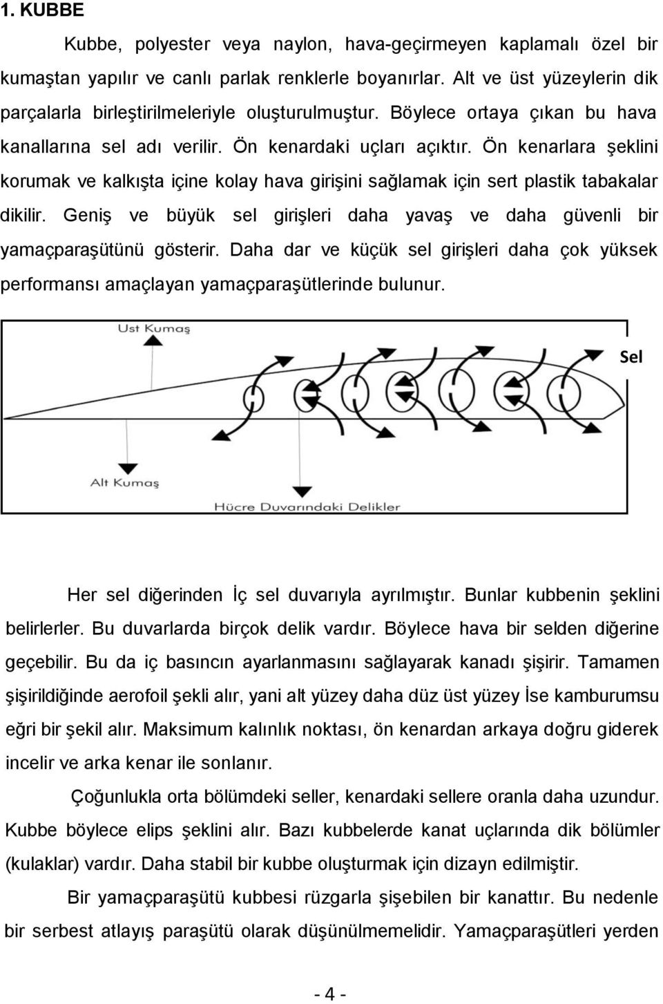 Ön kenarlara şeklini korumak ve kalkışta içine kolay hava girişini sağlamak için sert plastik tabakalar dikilir. Geniş ve büyük sel girişleri daha yavaş ve daha güvenli bir yamaçparaşütünü gösterir.