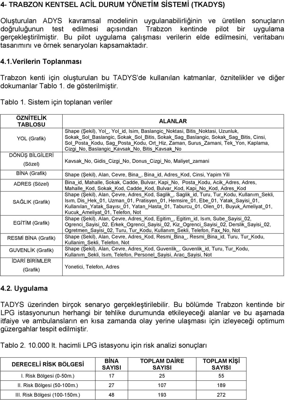 Verilerin Toplanması Trabzon kenti için oluşturulan bu TADYS de kullanılan katmanlar, öznitelikler ve diğer dokumanlar Tablo 1.