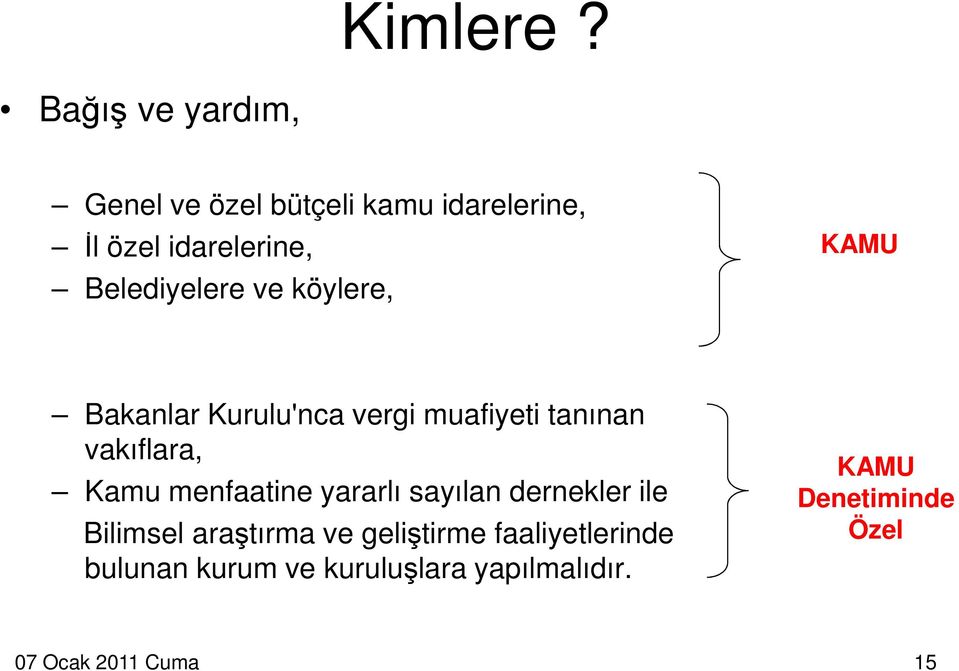 Belediyelere ve köylere, KAMU Bakanlar Kurulu'nca vergi muafiyeti tanınan vakıflara,