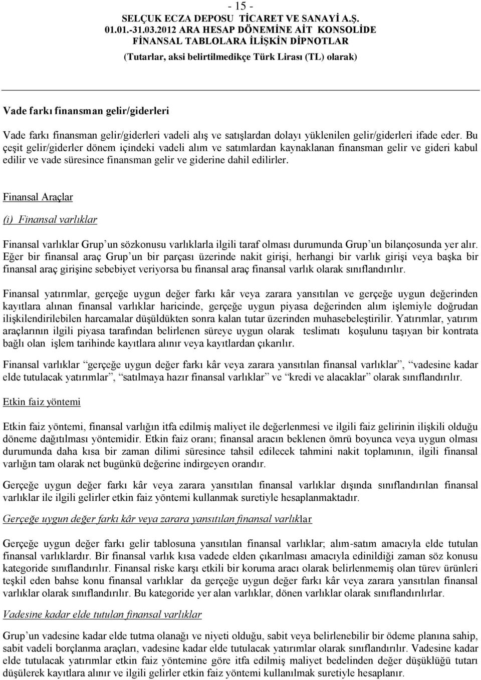 Finansal Araçlar (i) Finansal varlıklar Finansal varlıklar Grup un sözkonusu varlıklarla ilgili taraf olması durumunda Grup un bilançosunda yer alır.