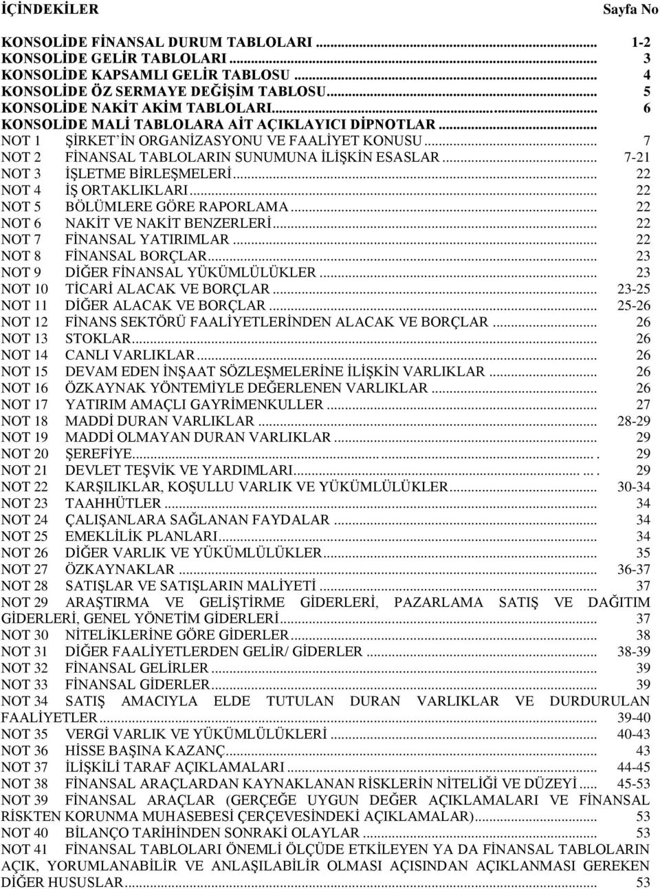 .. 7-21 NOT 3 İŞLETME BİRLEŞMELERİ... 22 NOT 4 İŞ ORTAKLIKLARI... 22 NOT 5 BÖLÜMLERE GÖRE RAPORLAMA... 22 NOT 6 NAKİT VE NAKİT BENZERLERİ... 22 NOT 7 FİNANSAL YATIRIMLAR... 22 NOT 8 FİNANSAL BORÇLAR.