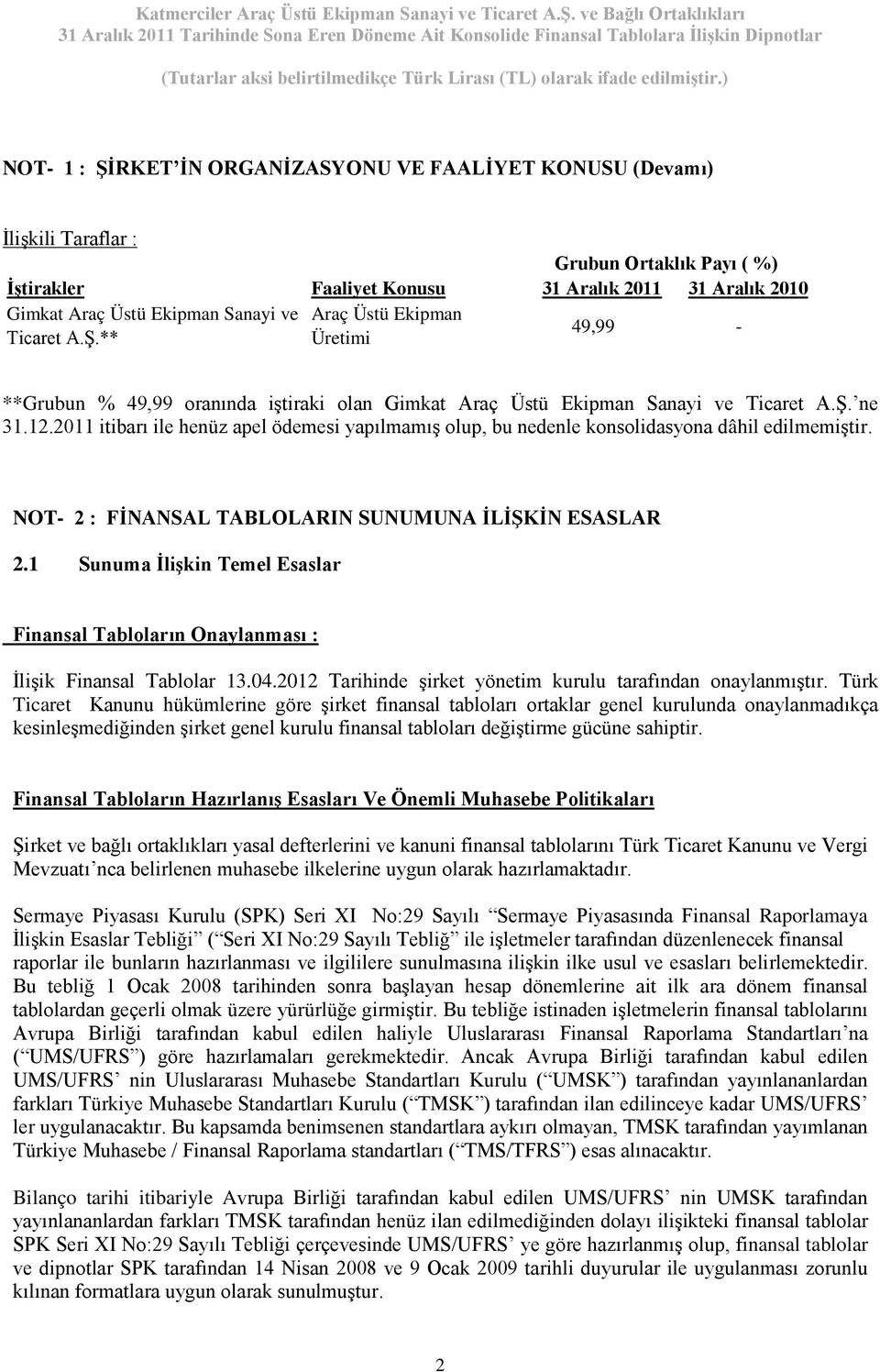 2011 itibarı ile henüz apel ödemesi yapılmamış olup, bu nedenle konsolidasyona dâhil edilmemiştir. NOT- 2 : FİNANSAL TABLOLARIN SUNUMUNA İLİŞKİN ESASLAR 2.