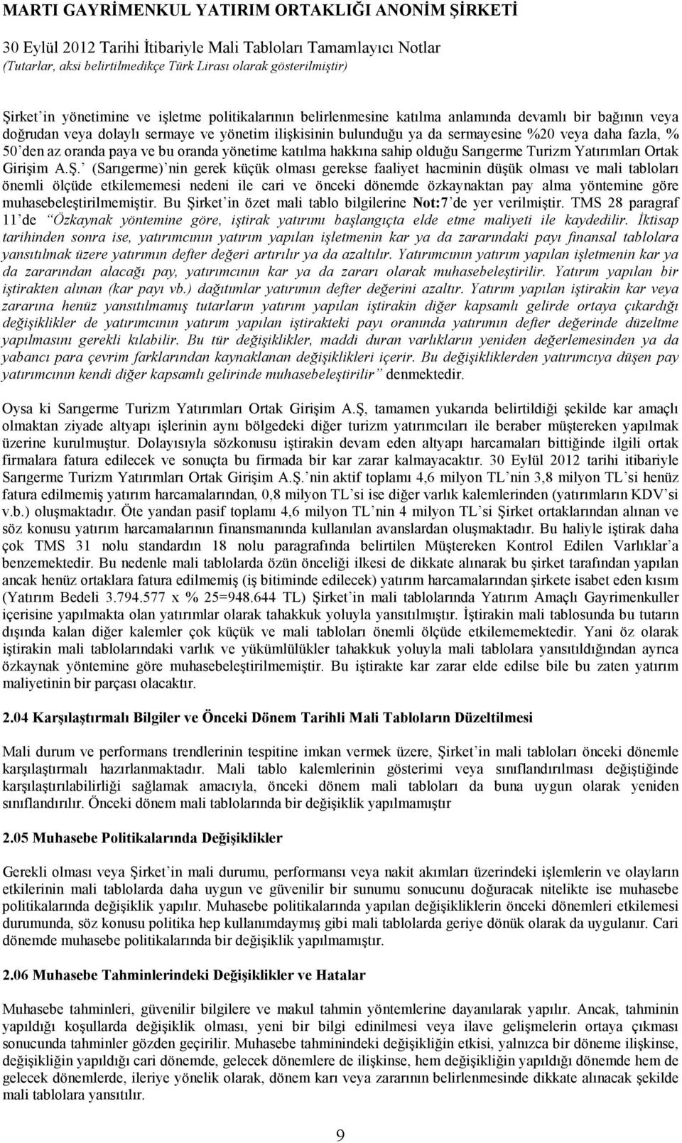 (Sarıgerme) nin gerek küçük olması gerekse faaliyet hacminin düşük olması ve mali tabloları önemli ölçüde etkilememesi nedeni ile cari ve önceki dönemde özkaynaktan pay alma yöntemine göre