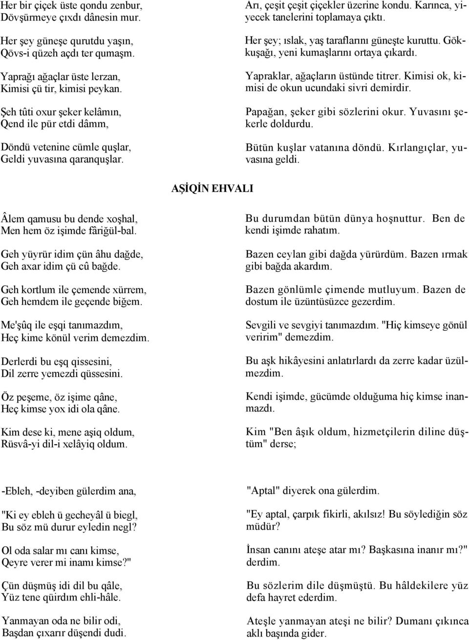 Her şey; ıslak, yaş taraflarını güneşte kuruttu. Gökkuşağı, yeni kumaşlarını ortaya çıkardı. Yapraklar, ağaçların üstünde titrer. Kimisi ok, kimisi de okun ucundaki sivri demirdir.