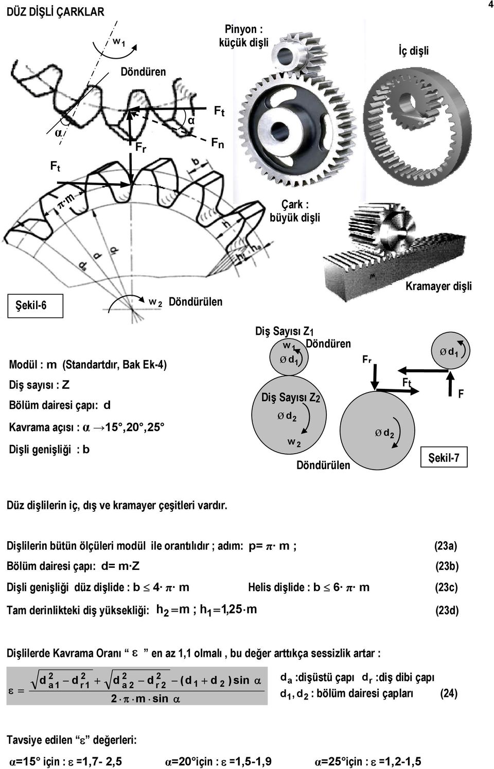 Dişlilerin bütün ölçüleri moül ile orantılıır ; aım: p π m ; (a) ölüm airesi çapı: m Z (b) Dişli genişliği üz işlie : b 4 π m Helis işlie : b 6 π m (c) Tam erinlikteki iş yüksekliği: h m ; h,5 m ()