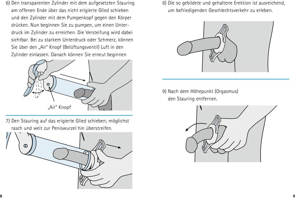 Bei zu starkem Unterdruck oder Schmerz, können Sie über den Air Knopf (Belüftungsventil) Luft in den Zylinder einlassen.