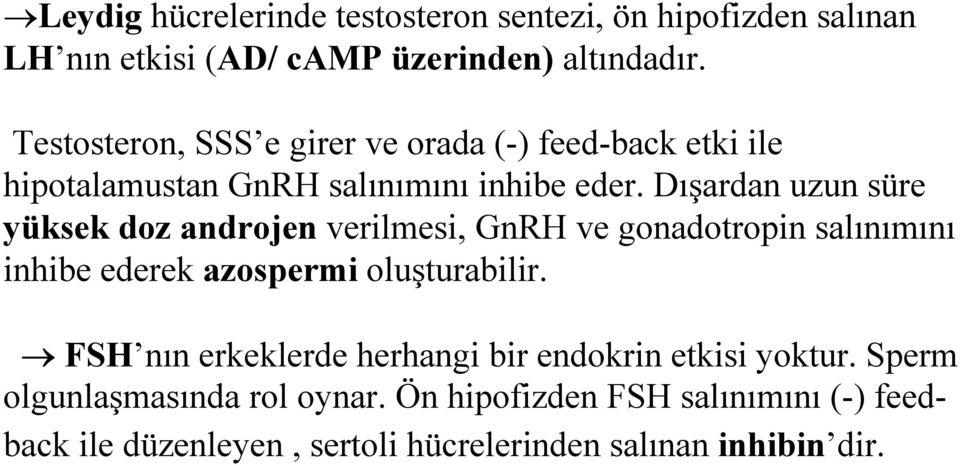 Dışardan uzun süre yüksek doz androjen verilmesi, GnRH ve gonadotropin salınımını inhibe ederek azospermi oluşturabilir.