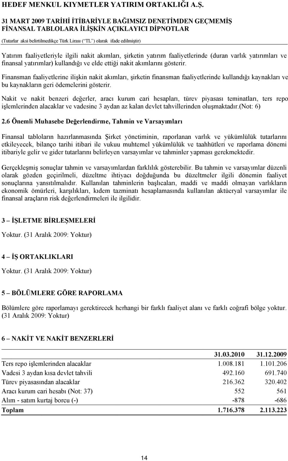 Nakit ve nakit benzeri değerler, aracı kurum cari hesapları, türev piyasası teminatları, ters repo işlemlerinden alacaklar ve vadesine 3 aydan az kalan devlet tahvillerinden oluşmaktadır.(not: 6) 2.