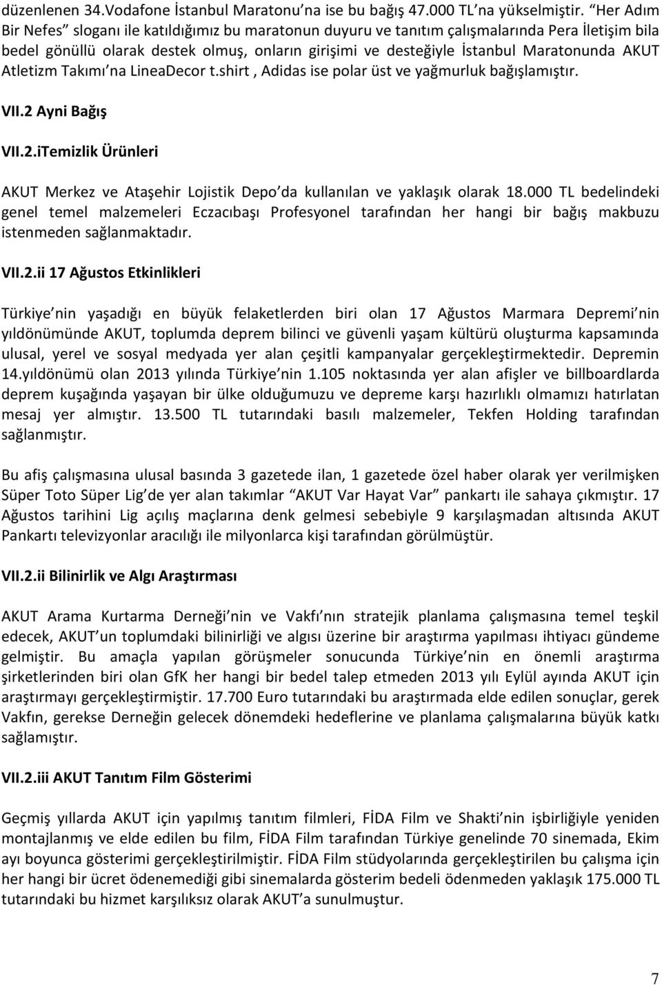 AKUT Atletizm Takımı na LineaDecor t.shirt, Adidas ise polar üst ve yağmurluk bağışlamıştır. VII.2 Ayni Bağış VII.2.iTemizlik Ürünleri AKUT Merkez ve Ataşehir Lojistik Depo da kullanılan ve yaklaşık olarak 18.