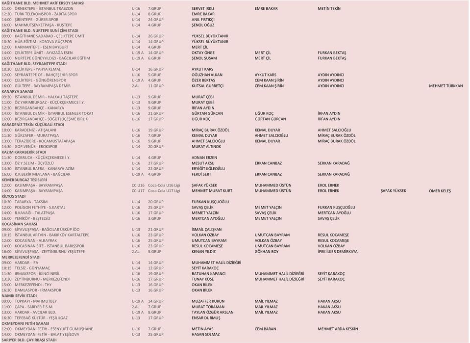 NURTEPE SUNİ ÇİM STADI 09:00 KAĞITHANE SADABAD - ÇELİKTEPE ÜMİT U-14 26.GRUP YÜKSEL BÜYÜKTANIR 10:30 HÜR.EĞİTİM - KOSOVA GÜÇSPOR U-14 14.GRUP YÜKSEL BÜYÜKTANIR 12:00 HARMANTEPE - ESEN BAYBURT U-14 4.