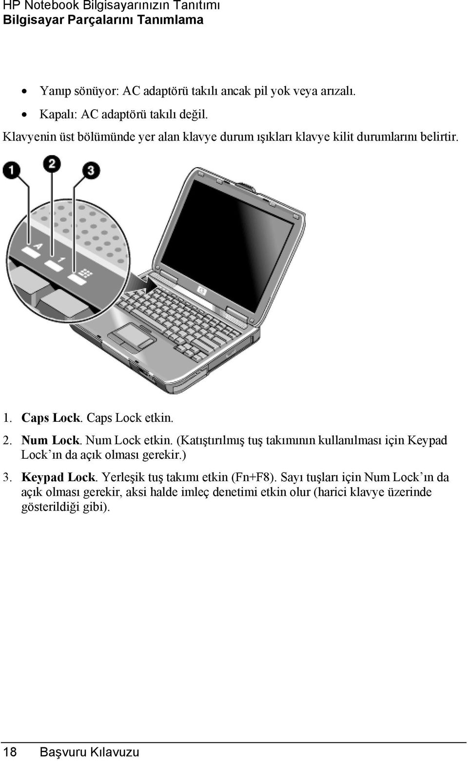 Caps Lock etkin. 2. Num Lock. Num Lock etkin. (Katõştõrõlmõş tuş takõmõnõn kullanõlmasõ için Keypad Lock õn da açõk olmasõ gerekir.) 3. Keypad Lock. Yerleşik tuş takõmõ etkin (Fn+F8).