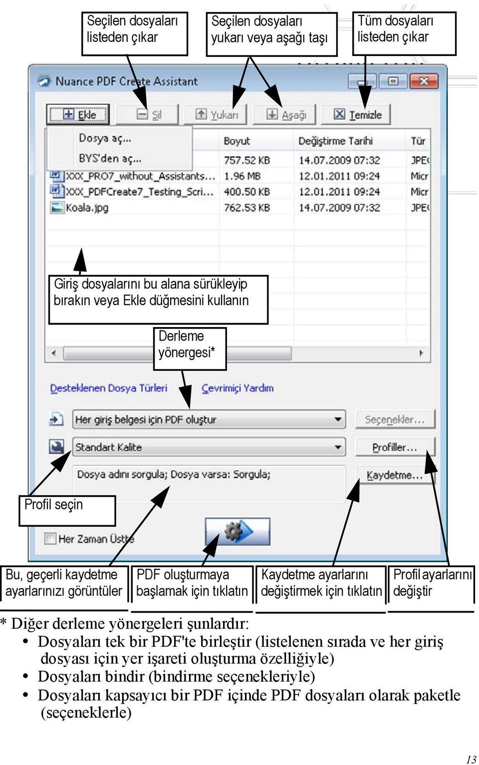 değiştirmek için tıklatın Profil ayarlarını değiştir * Diğer derleme yönergeleri şunlardır: Dosyaları tek bir PDF'te birleştir (listelenen sırada ve her giriş