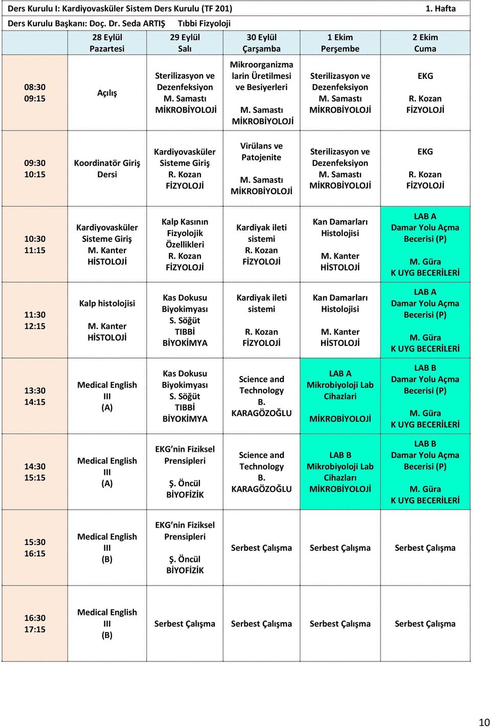 Hafta Koordinatör Giriş Dersi Kardiyovasküler Sisteme Giriş Virülans ve Patojenite Sterilizasyon ve Dezenfeksiyon EKG Kardiyovasküler Sisteme Giriş Kalp Kasının Fizyolojik Özellikleri Kardiyak ileti