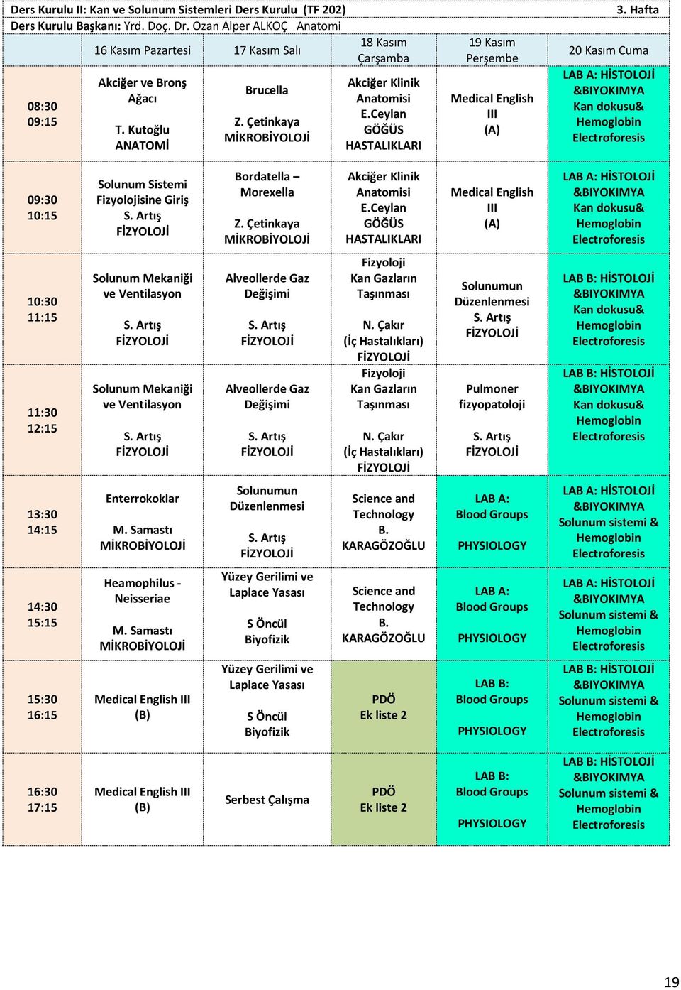 Hafta 20 Kasım : &BIYOKIMYA Kan dokusu& Hemoglobin Electroforesis Solunum Sistemi Fizyolojisine Giriş Bordatella Morexella Akciğer Klinik Anatomisi E.