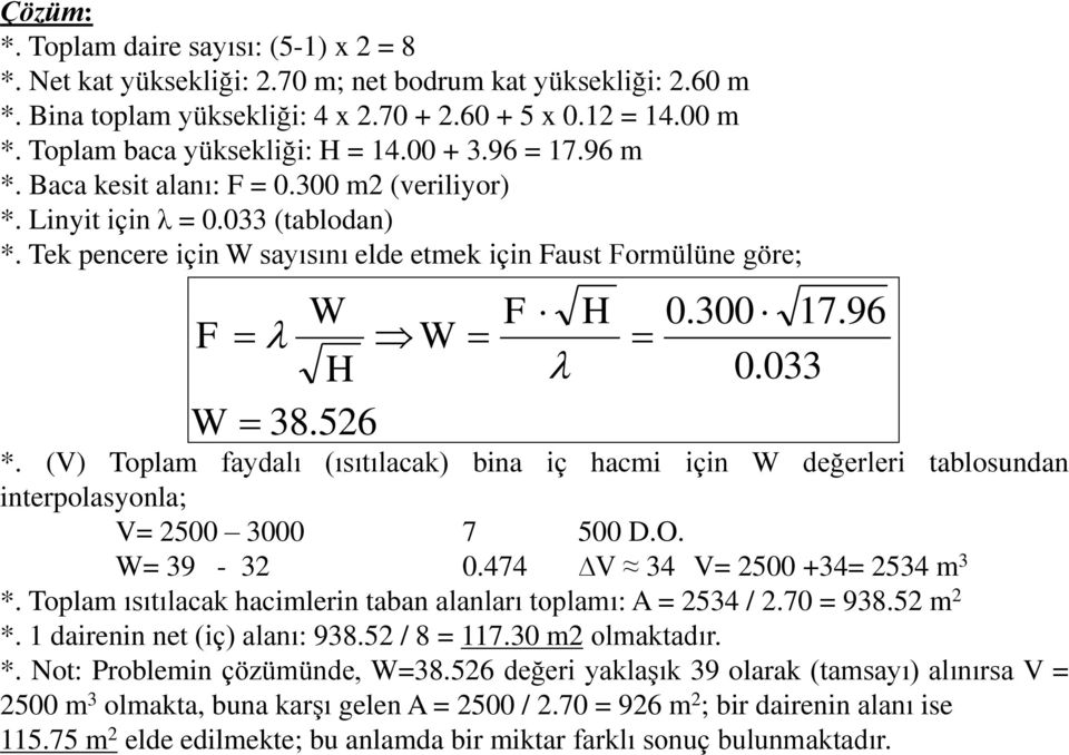 Tek pencere için W sayısını elde etmek için Faust Formülüne göre; W F W H W 38.526 F H 0.300 17.96 0.033 *.