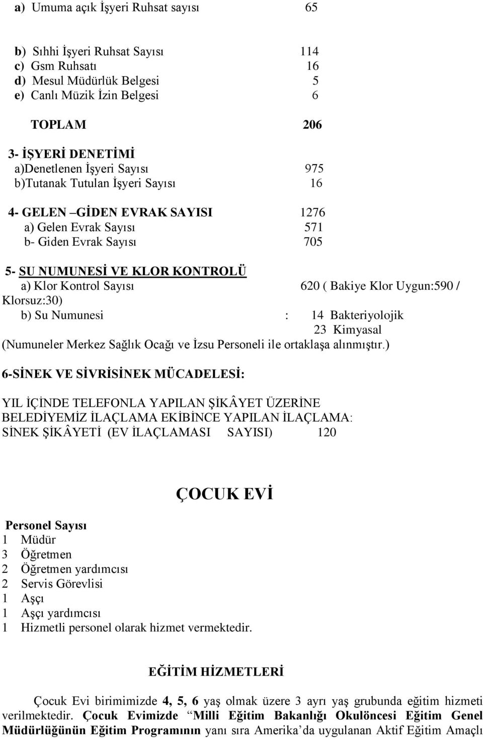 Klor Uygun:590 / Klorsuz:30) b) Su Numunesi : 14 Bakteriyolojik 23 Kimyasal (Numuneler Merkez Sağlık Ocağı ve İzsu Personeli ile ortaklaşa alınmıştır.