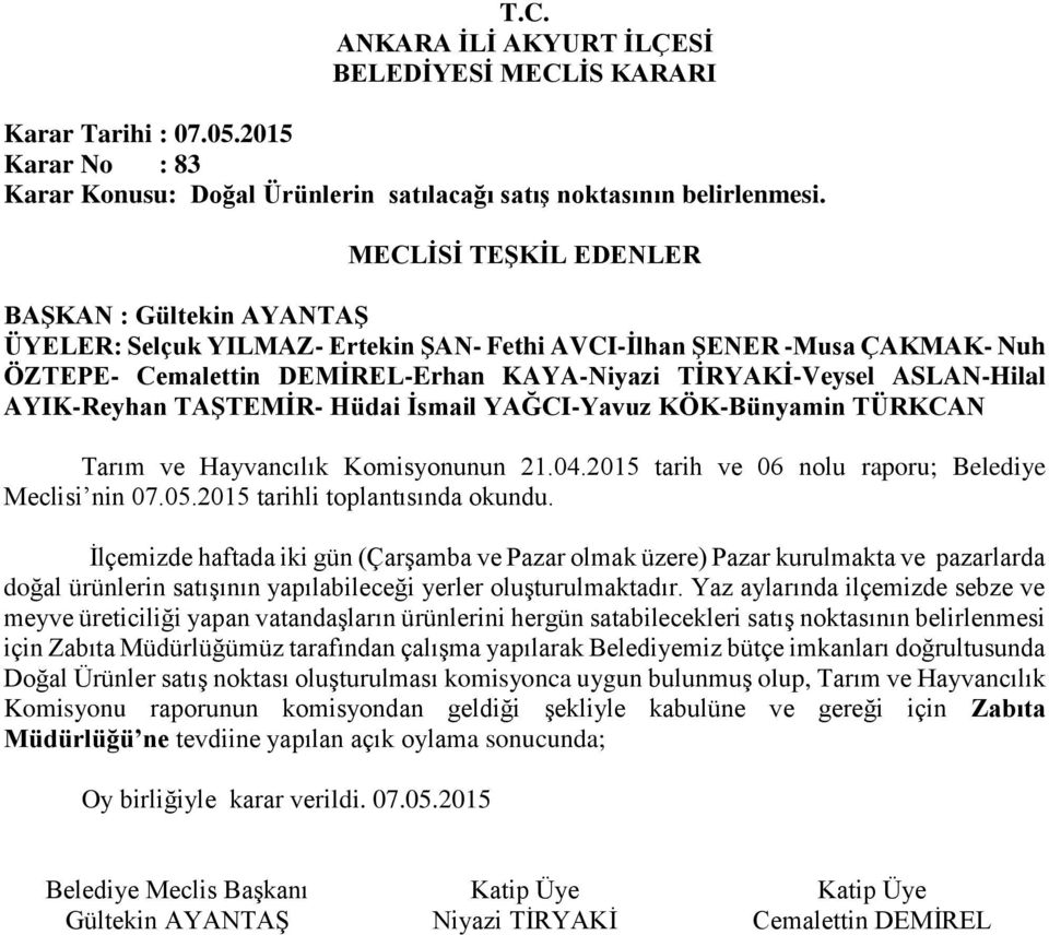 2015 tarih ve 06 nolu raporu; Belediye Meclisi nin 07.05.2015 tarihli toplantısında okundu.