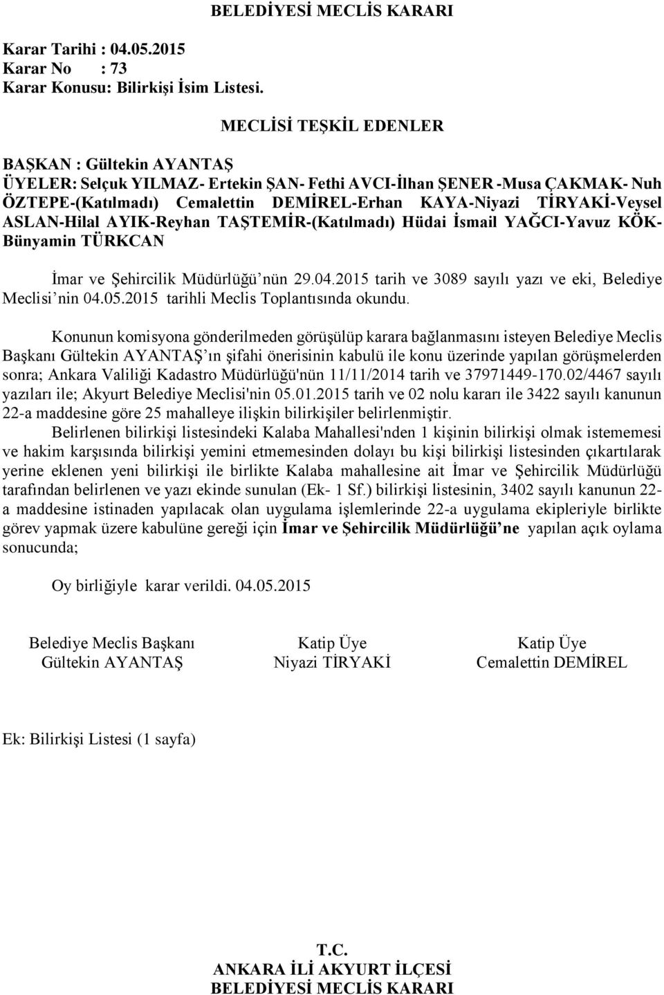 04.2015 tarih ve 3089 sayılı yazı ve eki, Belediye Meclisi nin 04.05.2015 tarihli Meclis Toplantısında okundu.