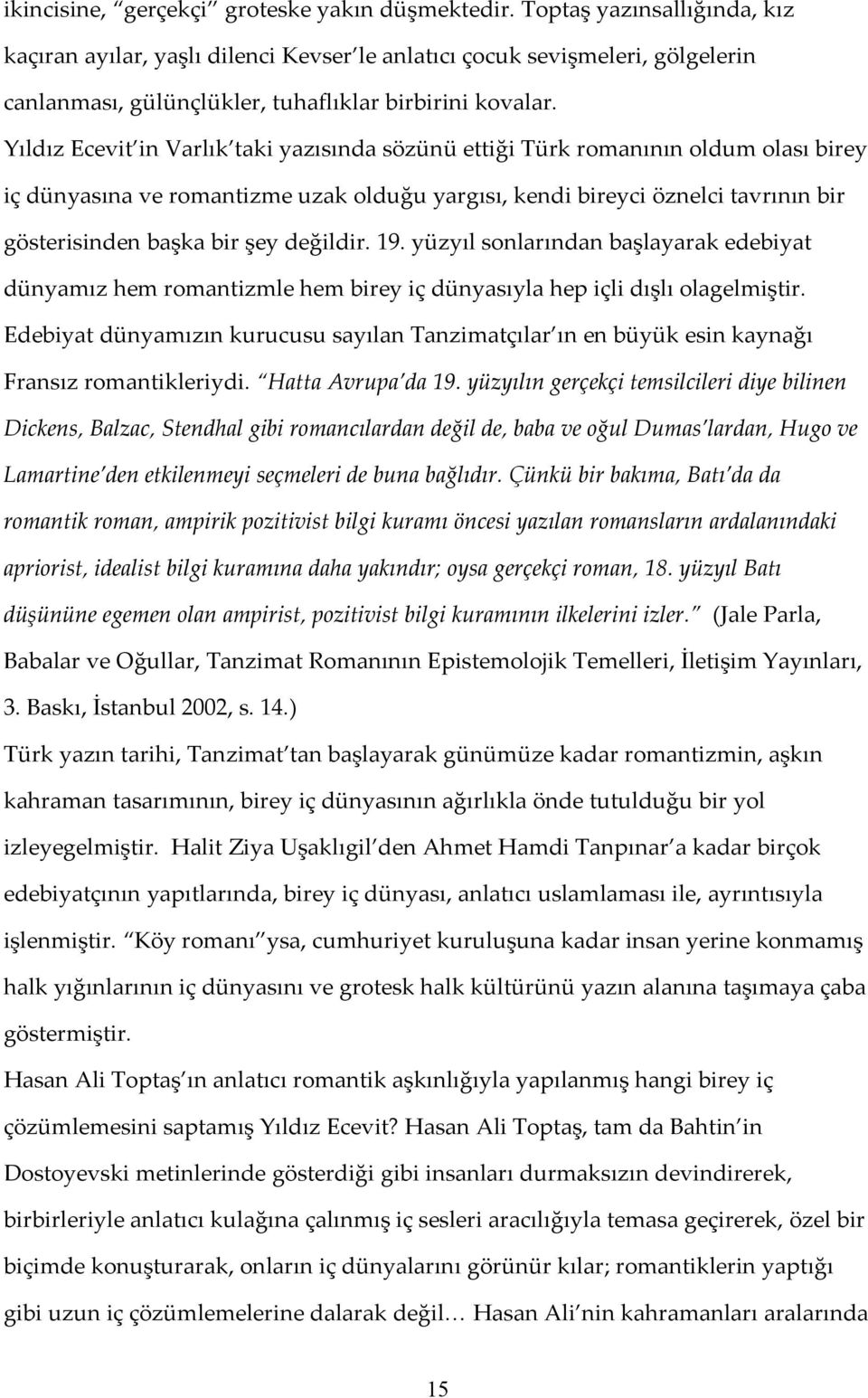 Yıldız Ecevit in Varlık taki yazısında sözünü ettiği Türk romanının oldum olası birey iç dünyasına ve romantizme uzak olduğu yargısı, kendi bireyci öznelci tavrının bir gösterisinden başka bir şey