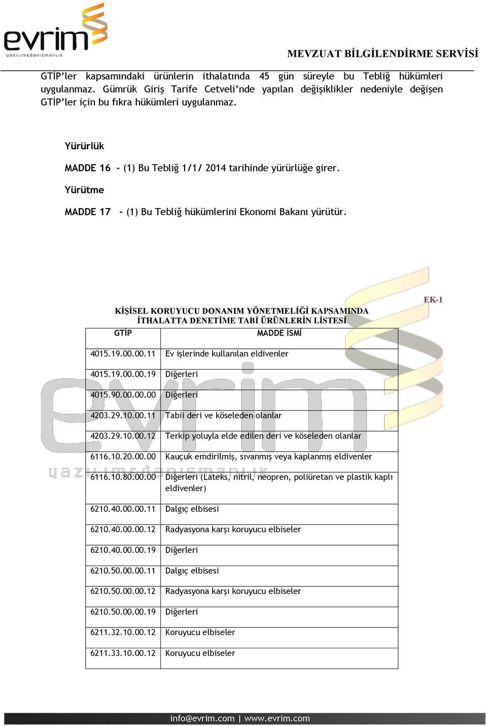 Yürütme MADDE 17 - (1) Bu Tebliğ hükümlerini Ekonomi Bakanı yürütür. KİŞİSEL KORUYUCU DONANIM YÖNETMELİĞİ KAPSAMINDA İTHALATTA DENETİME TABİ ÜRÜNLERİN LİSTESİ GTİP MADDE İSMİ EK-1 4015.19.00.